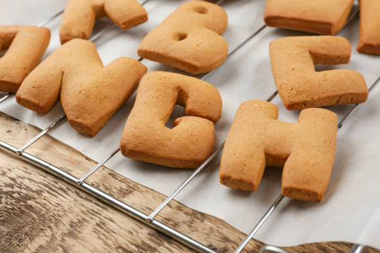 Cookie alphabet on grid, closeup