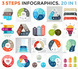 Wall Mural - Vector circle infographic set. Business diagram, arrows graph, startup logo presentations, idea pie chart. Data options, 3 parts, steps, processes. Human brain, stairs, eco leaves, heart sign, puzzle.