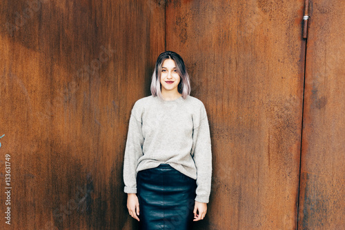 Young Beautiful Caucasian Purple Grey Hair Woman Outdoor In