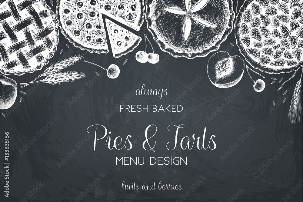 Vector card design with ink hand drawn fruit and berry baking ...