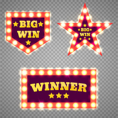 Poster - Big Win retro banner with glowing lamps. Vector