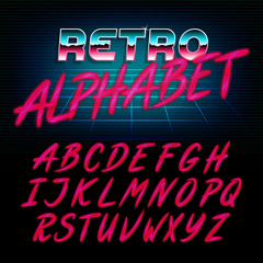 Aufkleber - 80's retro alphabet font. Glow effect shiny letters. Vector typeface for flyers, headlines, posters etc.