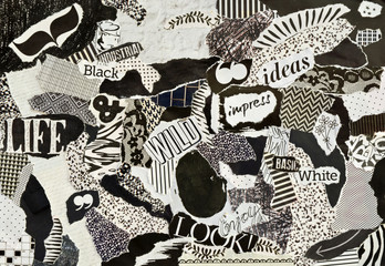 creative atmosphere art mood board collage sheet in color idea black and white made of teared magazi