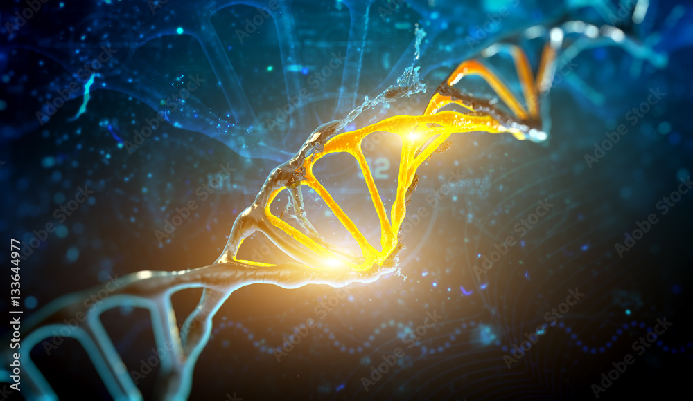 Digital illustration DNA structure in blue background - obrazy, fototapety, plakaty 