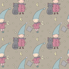 Wall Mural - Seamless pattern with cute gnome and cat . Vector illustration