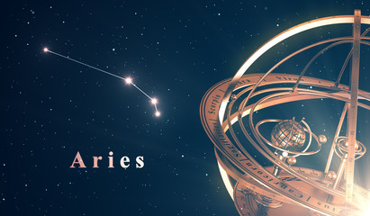Wall Mural - zodiac constellation aries and armillary sphere over blue background