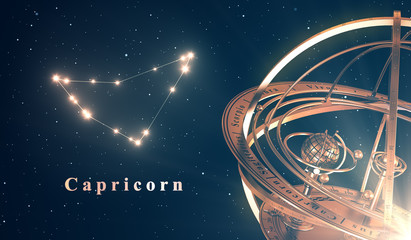 Wall Mural - zodiac constellation capricorn and armillary sphere over blue background