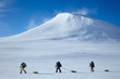 Ski touring group with backpacks and sleds (pulkas)
