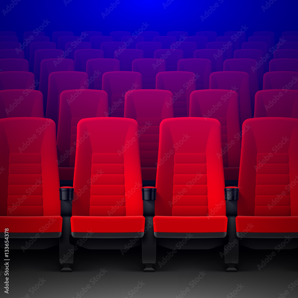 Stock Vektorgrafik Movie theater with rows of red empty chairs and spotlight cinema hall seats Adobe Stock