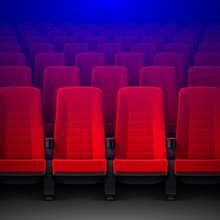 Movie Theater With Rows Of Red Empty Chairs And Spotlight, Cinema Hall Seats