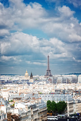 skyline of Paris city roofs with seine river and Eiffel Tower from above, France, retro toned