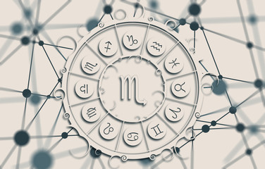 Wall Mural - Astrological symbols in the circle. Molecule And Communication Background. Connected lines with dots. White circle with shadows. Shallow depth of field. Scorpion sign