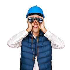 Architect man isolated over white background with binoculars.