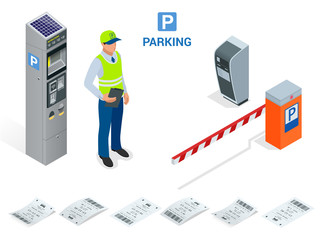 Isometric Parking Attendant. Parking ticket machines and barrier gate arm operators are installed at the entrance and exit of parking area as tools to charge parking fee.