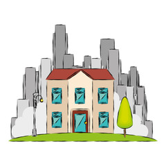 Sticker - cityscape buildings skyline icon vector illustration design