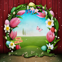 Festive Greeting Card Easter Egg Hunt With  Floral Wreath And Green Landscape