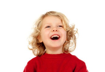 Wall Mural - Portrait of playful small kid with long blond hair looking up