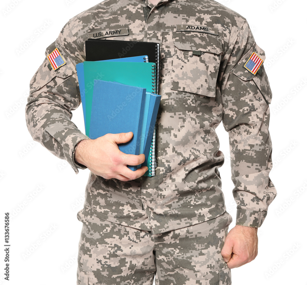 Cadet of military school on white background, closeup
