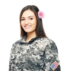 Canvas Print - Pretty female soldier with flower in hair, on white background