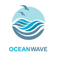 Wall Mural - Abstract design of ocean logo with waves and seagulls. Vector illustration