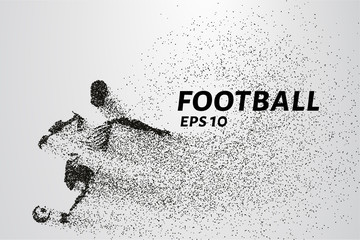 Football of the particles carries in the wind. Silhouette of a football player from circles.