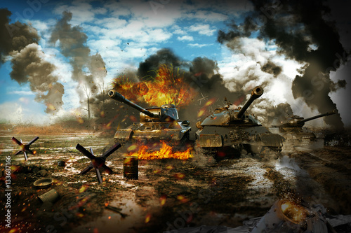 Photographie Réservoir de bataille dans la zone de guerre