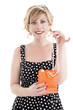 © michelaubryphoto - Pin up girl receiving a gift. Isolated on white background.