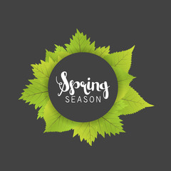 Poster - spring season letter and green leaves vector illustration. black gray background