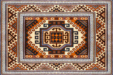 Bright woolen carpet with ethnic folk geometric pattern in red and  blue shades
