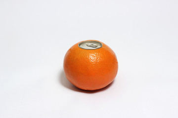 Fresh orange with pop up silver top of a can