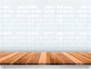 Wall Mural - empty wood plank table top with glossy ceramic white tile wall,m