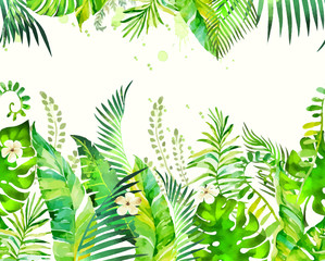 Watercolor tropical palm leaves seamless pattern. Vector illustration.