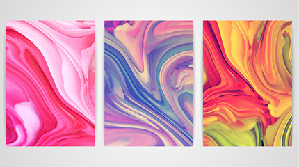 Three paintings with marbling. Marble texture. Paint splash. Colorful fluid. It can be used for poster, brochure, invitation, cover book, catalog. Size A4. Vector illustration eps10