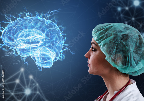Fotografiet Innovative technologies in science and medicine in 3D illustration of human brain
