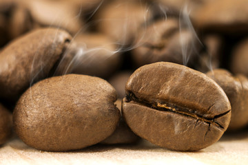 Wall Mural - Brown coffee beans with white smoke vapour on yellow textured wo