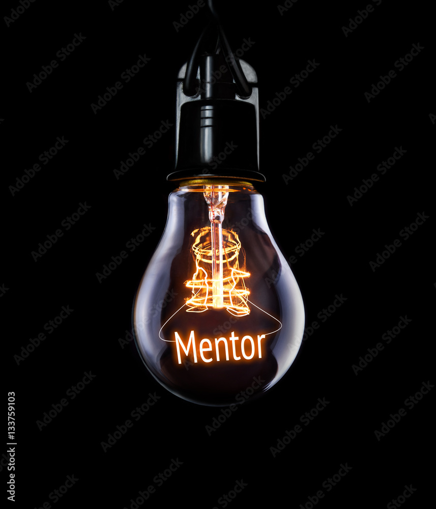 Hanging lightbulb with glowing Mentor concept. - obrazy, fototapety, plakaty 