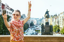 Tourist Woman With Digital Camera Taking Selfie In Prague