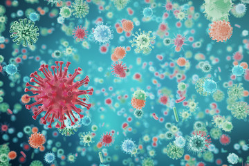 Wall Mural - viruses in infected organism, viral disease epidemic, virus abstract background. 3d rendering