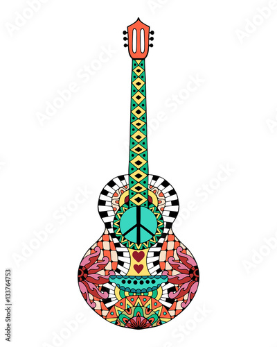 Cuadros en Lienzo Hand drawn hippie acoustic guitar for anti stress colouring page