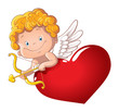 Cute playful cupid with bow and arrow behind the heart. Isolated. Cartoon vector illustration of a Valentine's Day