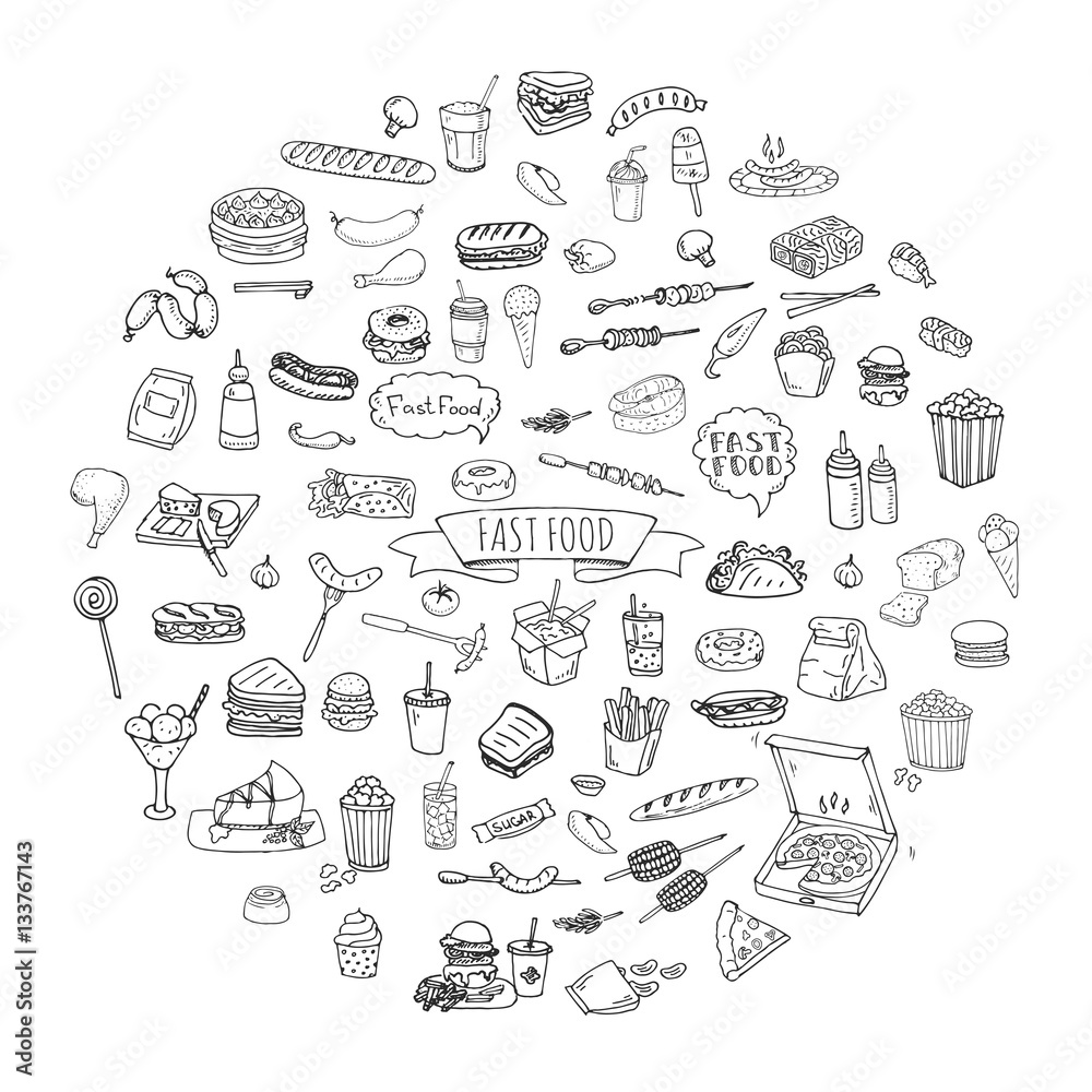 Hand drawn doodle Fast food icons set. Vector illustration. Jun food ...