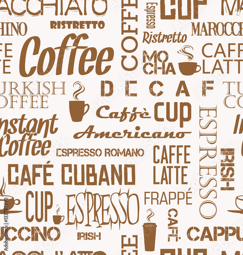 Obraz w ramie Background seamless tile of coffee words and symbols 