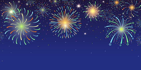 festive horizontal banner with bright colorful firework lights exploding at night sky vector illustr