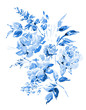 Blue watercolor roses - flowers, twigs, leaves, buds