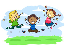 Vector Illustration Of Stick Kids Jumping Together