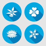 Fototapeta Motyle - Flower icons set. Anemone, chamomile, forget-me-not, lily, waterlily, orchid. Floral symbols. Round circle flat sign with long shadow. Vector