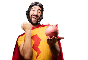 Canvas Print - crazy super hero with piggy bank