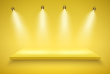 Light Box With Yellow Platform On Yellow Backdrop With Four Spotlights. Editable Background Vector Illustration.