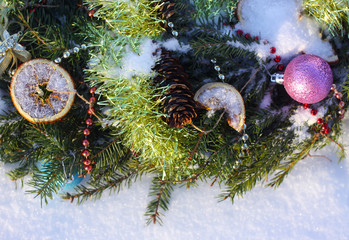 Christmas wreath on the snow