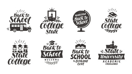 Wall Mural - School, education set icons. Beautiful calligraphic lettering. Label vector illustration